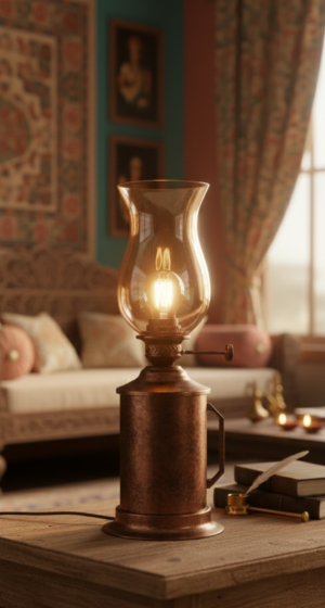 Antique diya style table lamp copper base glass chimney warm light decor