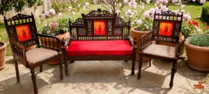 Mughal style wooden seating set two seater with chairs carved traditional furniture