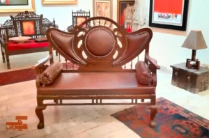 Parsi style two seater wooden sofa polished finish black and natural wood furniture
