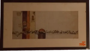 A modern art print featuring a tall building and birds