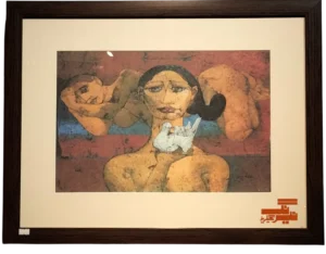 A high-quality art print of Jamil Naqsh’s two-women composition with a pigeon