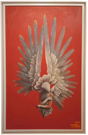 Figurative painting of girl with large bird feathers wings contemporary canvas artwork