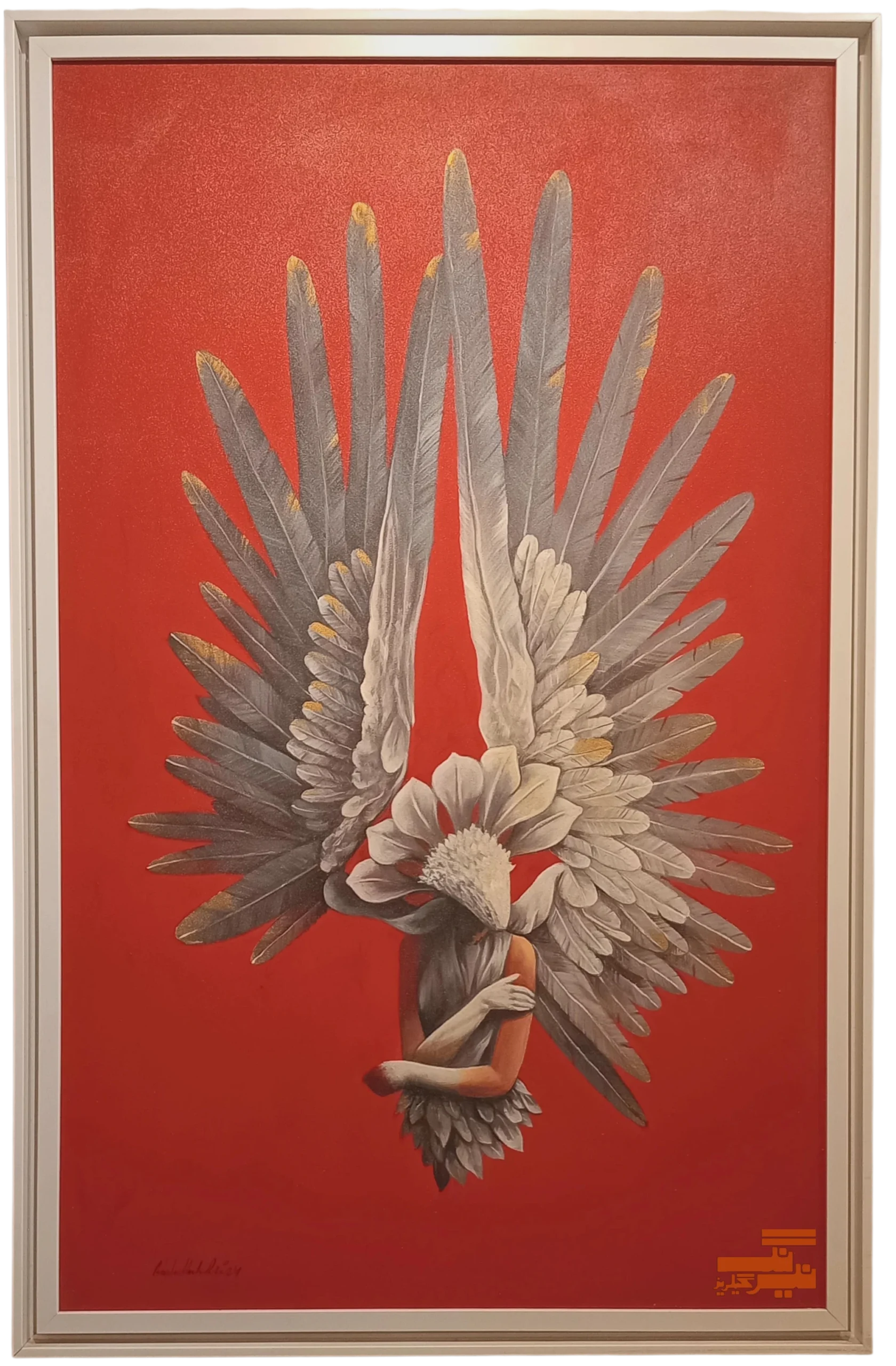 Figurative painting of girl with large bird feathers wings contemporary canvas artwork