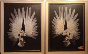 Pair of figurative paintings with winged female form contemporary diptych canvas artwork